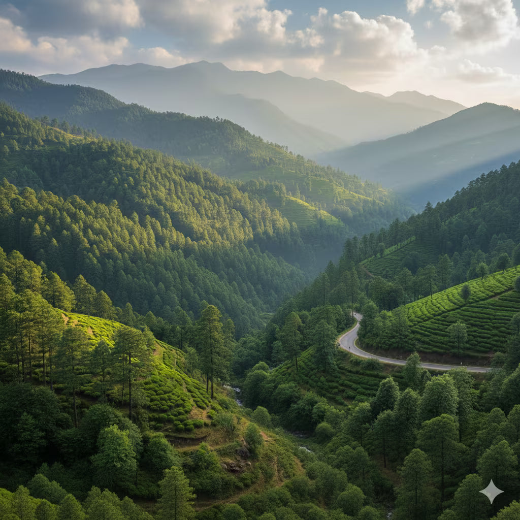 Winding road through a lush green valley with mountains in the background